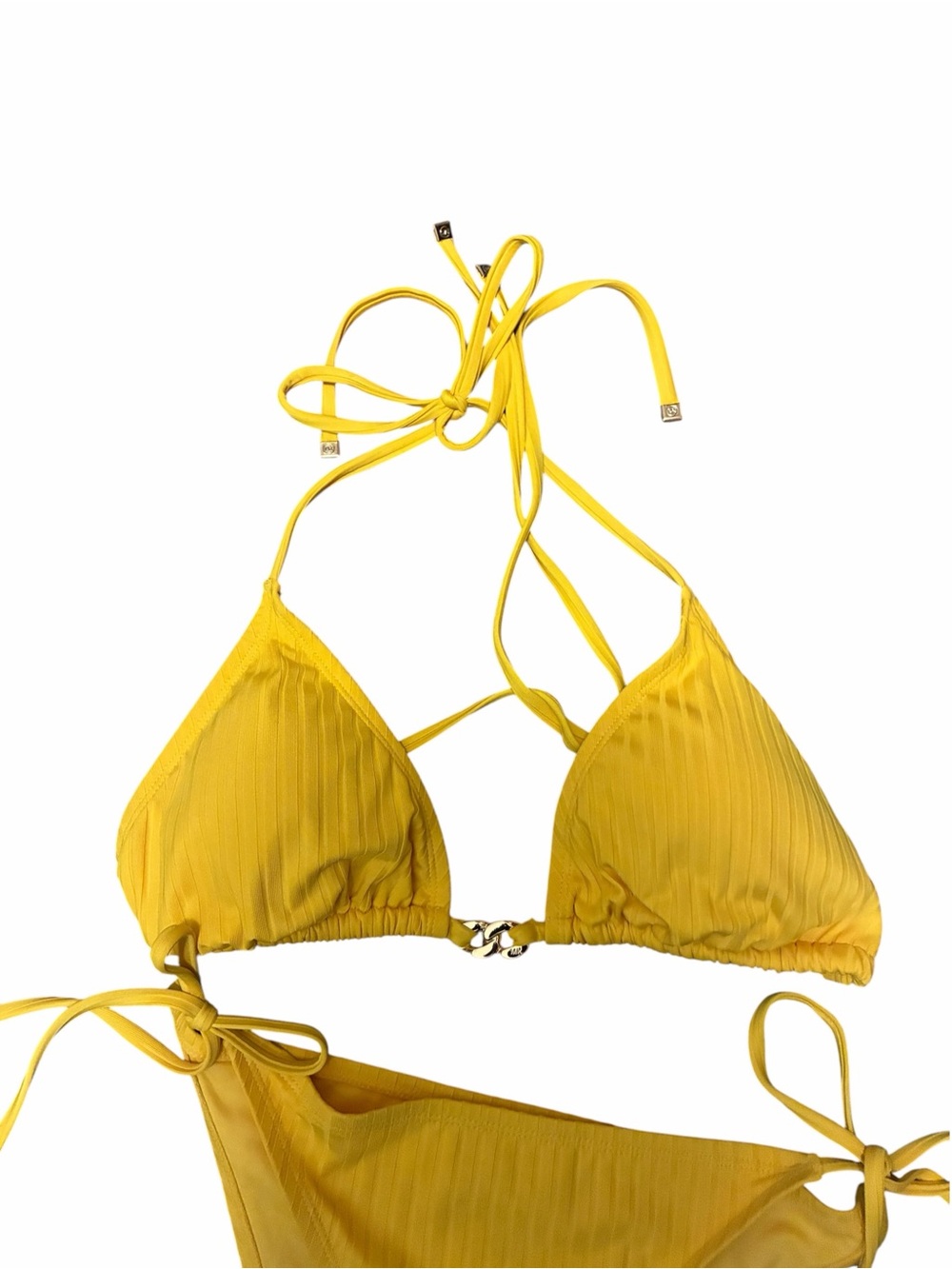 Michael Kors Yellow Ribbed Triangle Bikini Set Gold Hardware NWT Size Large - Picture 2 of 6